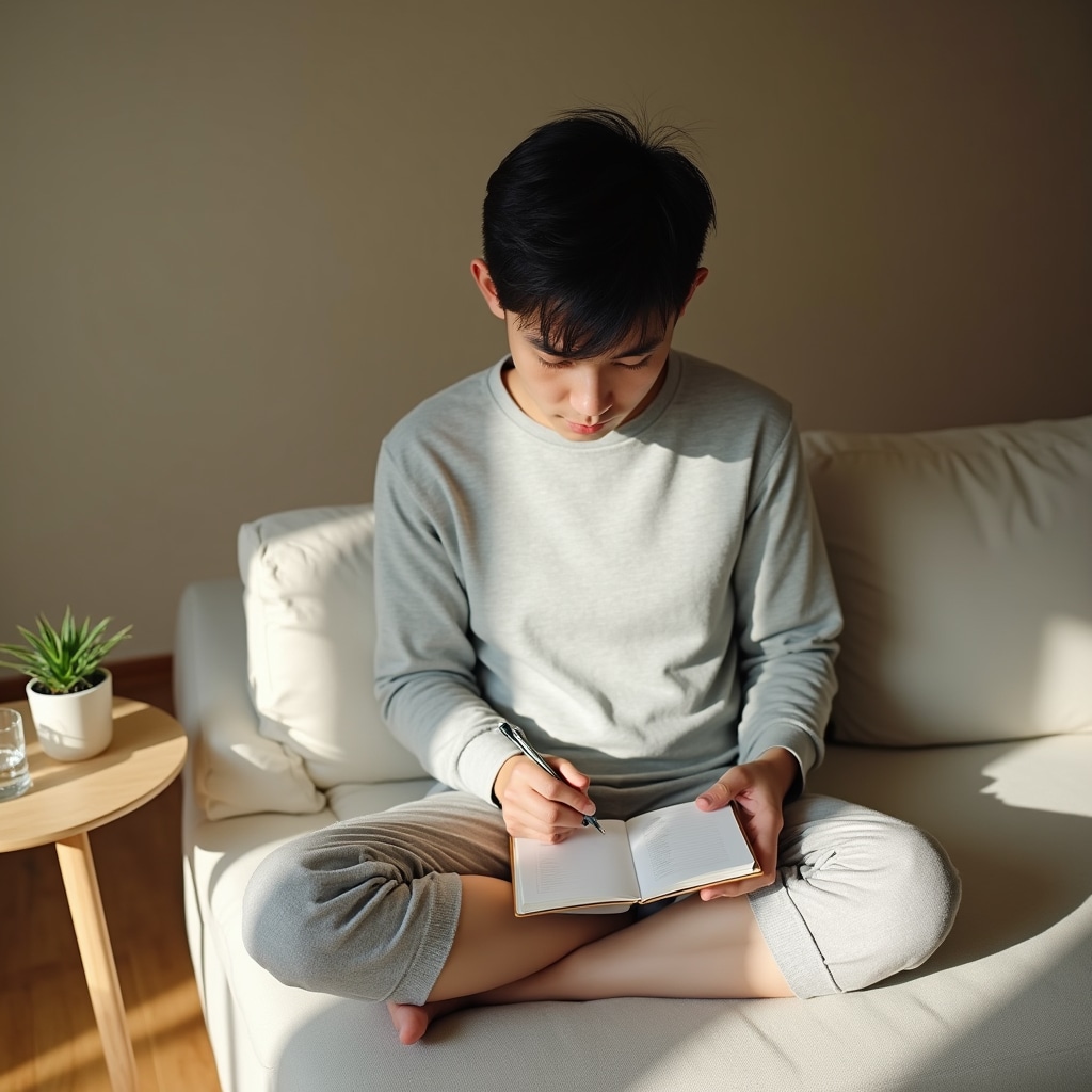 Mladý človek zapisuje si finančné ciele a plánuje sporenie