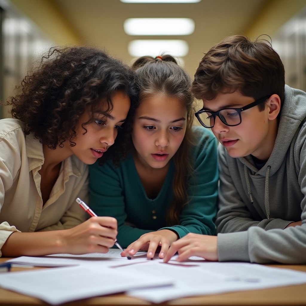 Skupinka študentov spoločne číta a analyzuje vzor zmluvy o úvere